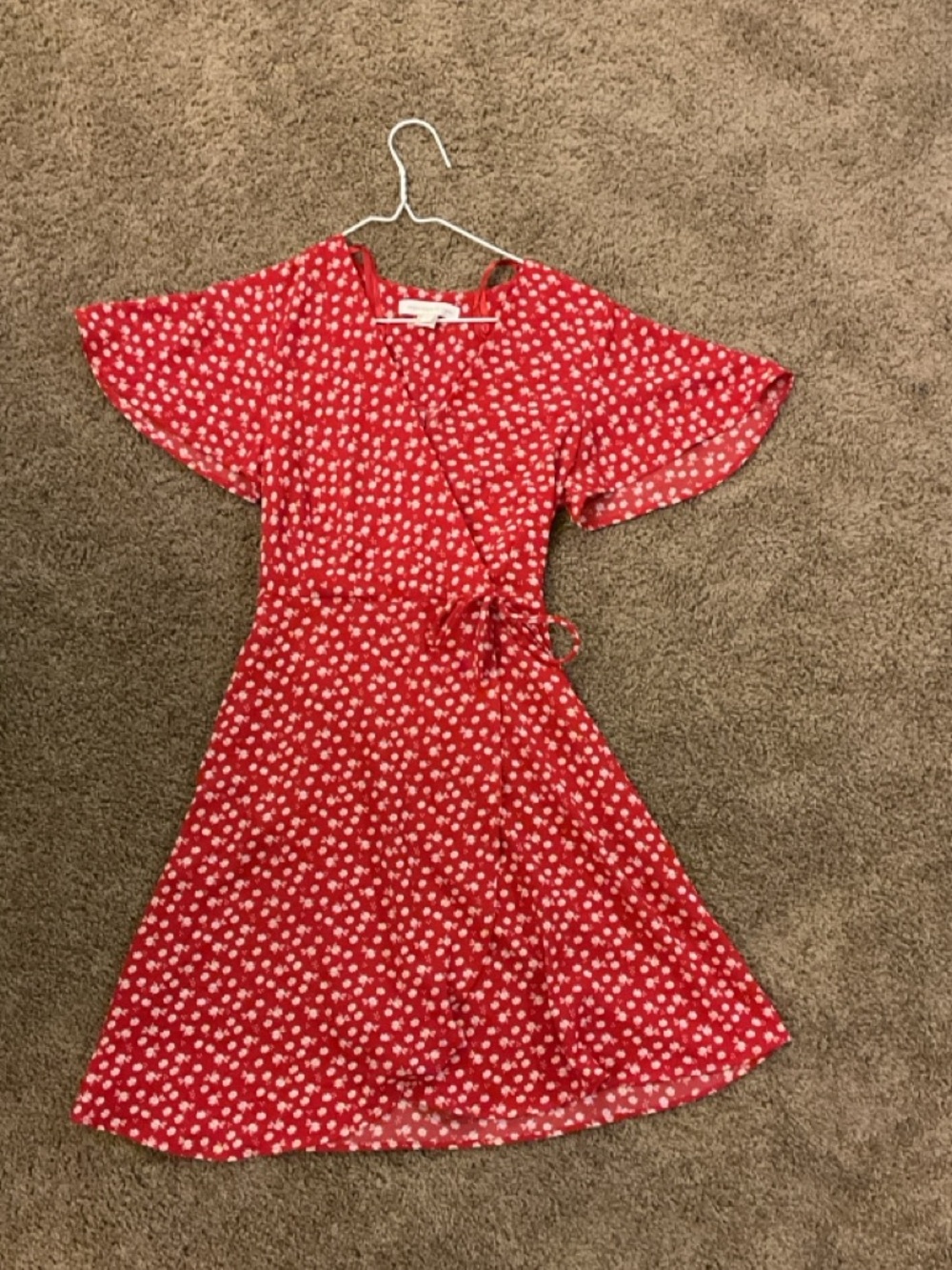 Monteau Pink Red Floral Tie-Waist Flutter Dress